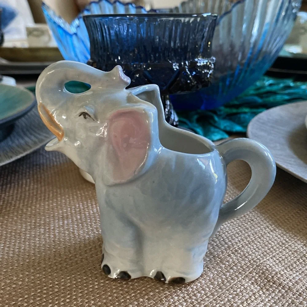 Vintage Ceramic “Trunks Up” Elephants Lidded Sugar Bowl & Creamer